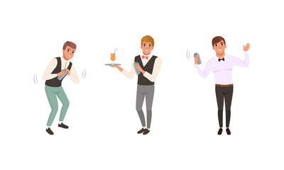 Barmen Preparing Cocktails Set, Male Bartenders Characters Mixing Ingredients Cartoon Vector Illustration
