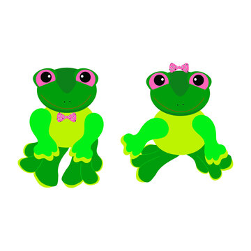 Two green frog toys on a white background. A girl and a boy.