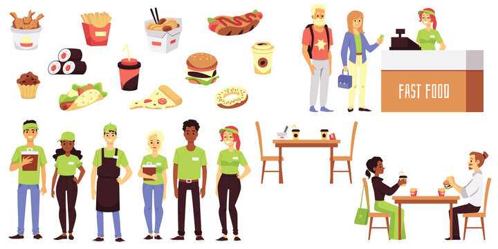 Set of fast food cafe symbols and characters flat vector illustration isolated.