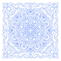 Ornament of silhouette flowers, twisted lines in a square. Tile design.