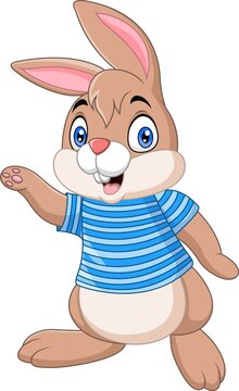 Cartoon bunny wearing blue clothes waving