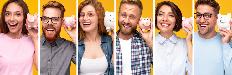 Excited people showing piggy banks
