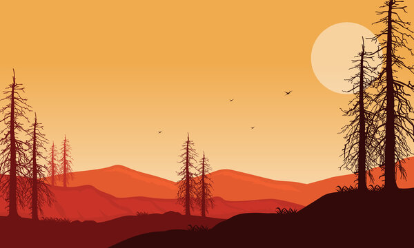 Stunning views of mountai ns and dry trees at dusk in the desert. Vector illustration