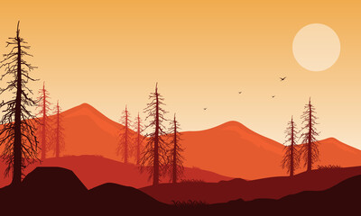 Warm afternoon atmosphere with views of the mountains and surrounding trees. Vector illustration