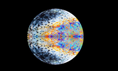 close up of a soap bubble. Close up of a abstract, soap bubble resembling a planet. Copy space on a black background.