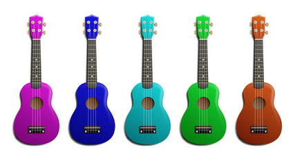Ukulele realistic vector illustration. Set of acoustic classic hawaiian guitar with four strings in different colors