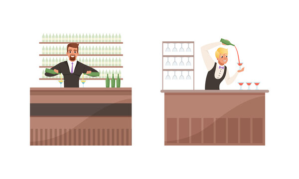 Barmen Shaking Cocktails at Bar Counter Set, Bartenders Characters Mixing Ingredients and Pouring Ready Alcoholic Drinks Cartoon Vector Illustration
