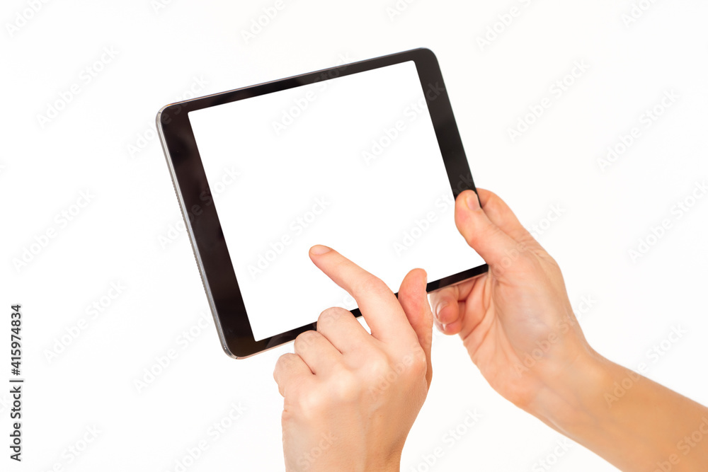 Aufkleber tablet with a blank screen in hands of a woman. girls hands with tablet computer. digital tablet wit