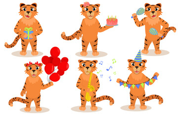 vector illustration of tigers in cartoon style for a children's holiday. Isolate on a white background