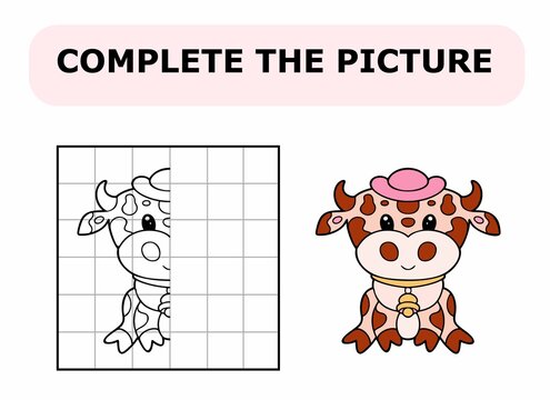 Complete the picture. Coloring book. Educational game for children. Cartoon vector illustration of cute little cow.