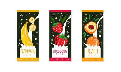 Fruit Milk Labels Set, Banana, Strawberry, Peach Natural Dairy Products Banner, Branding, Packaging Templates Vector Illustration