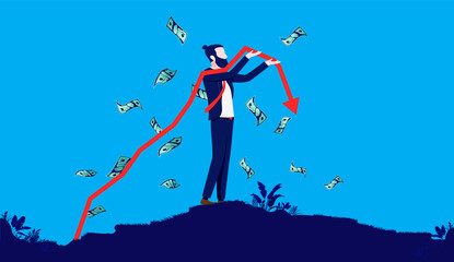 Business losing money - Man holding arrow pointing down and money flying in wind. Failing economy and financial failure concept. Vector illustration.