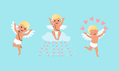 Cute Happy Boys Cherubs with Wings Set, Joyful Lovely Baby Cupid Characters in Different Actions Cartoon Vector Illustration
