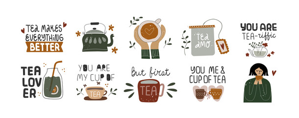 Set of funny tea clip arts with quotes.