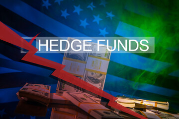 Problems of hedge funds in USA. Hedge funds logo on a USA flag background. Collapse hedge funds due to short trades. Green smoke as a symbol of investment in cannabis. Cannabis stock trading US