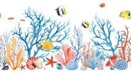 Fototapeta na wymiar Beautiful seamless horizontal underwater pattern with watercolor sea life colorful corals and fish. Stock illustration.