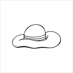 Summer elegant hand-drawn womens hat, single element. Graphic doodle, sketch, outline drawing isolated on white. Vector illustration