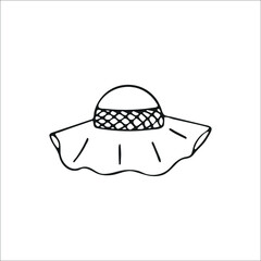 Hand-drawn summer hat for women, single element. Graphic doodle, sketch, outline drawing isolated on white. Vector illustration