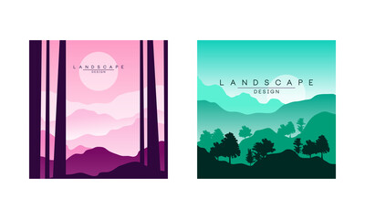 Beautiful Mountain Landscape at Morning and Evening, Peaceful Nature at Different Times of Day Background, Banner, Poster, Cover Set Vector Illustration