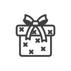 Gift box icon with bow. A simple image of a closed box. Cross-stitch texture. Isolated vector on a pure white background.