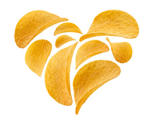 Potato chips in the shape of a heart on a white background