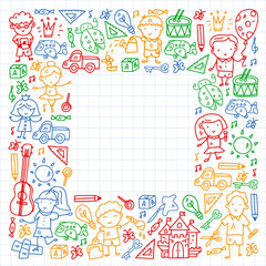 School, kindergarten with cute vector children. Creativity and imagination. Dancing, singing, painting, online education.