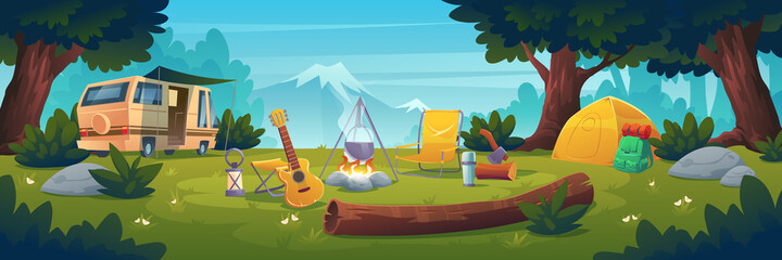 Summer camp at day time. Rv caravan stand at campfire with pot, tent, log, cauldron and guitar on mountain view. Summertime camping, traveling, trip, hiking activities, Cartoon vector illustration