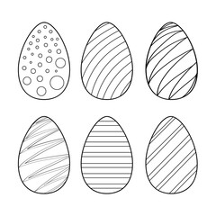 Hand drawn. Adults, children. Black and white. Vector set of Easter eggs illustration. Black style outline isolated on white background with different pattern for greeting card, coloring book 