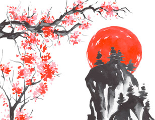 Obraz na płótnie Canvas Japan traditional sumi-e painting. Fuji mountain, sakura, sunset. Japan sun. Indian ink vector illustration. Japanese picture.