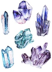 Watercolor illustration. Set of blue and purple crystals. For printing, design, cards