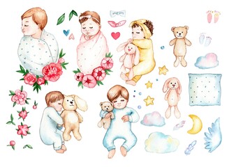 Watercolor illustration. Set of sleeping babies with toys..  For printing, cards, textiles, design, party, baby showers, birthday