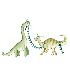 watercolor illustration.  two dinosaurs decorate birthday celebration on white background.
