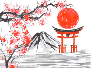 Japan traditional sumi-e painting. Fuji mountain, sakura, sunset. Japan sun. Indian ink vector illustration. Japanese picture.
