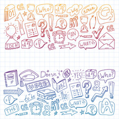 Doodle vector concept illustration of learning English language. English language courses. School. College. University.