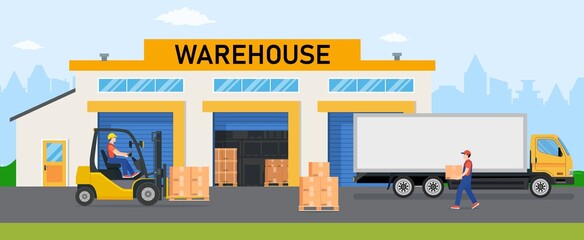 Warehouse industry with storage buildings, trucks, forklift and rack with boxes. Distribution logistic and cargo delivery concept. Vector illustration in flat style