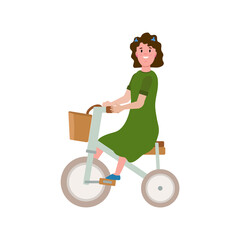 Child to ride a bike. A cartoon child is trained on a bicycle. Vector girl in a dress on a three-wheeled transport. Vector illustration