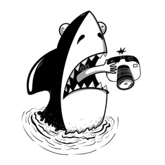black and white shark with a camera protruding from its mouth, an illustration on a white background.