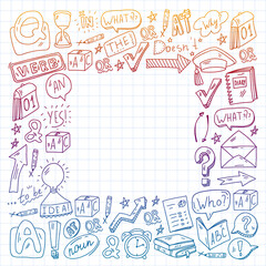 Doodle vector concept illustration of learning English language. English language courses. School. College. University.