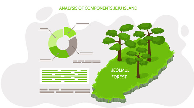 Analysis of components jeju island, poster to reveal statistics of tourists visiting showplace. Traveling to asia by attraction jeolmul forest. Green island in south korea, traveler entertainment