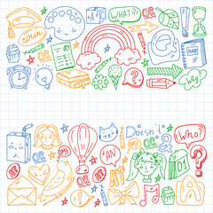 Back to school. Vector illustration with icons about education. English learning. Online internet courses.