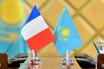 flag, Kazakhstan and France meeting. symbol, international meeting, diplomacy, meeting, map, national flag, miniature, red, clipping path, isolated on white, pole, blue, hanging, white, nobody, patrio