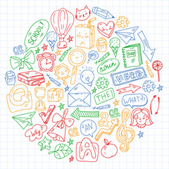 Back to school. Vector illustration with icons about education. English learning. Online internet courses.