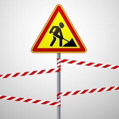 Road warning sign on a pole with a guard tape. Road works. Vector illustration.
