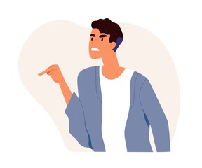 Furious angry man pointing at smb with finger to accuse, blame or criticize. Annoyed dissatisfied guy with aggressive face expression. Colored flat vector illustration isolated on white background