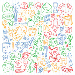 Back to school. Vector illustration with icons about education. English learning. Online internet courses.