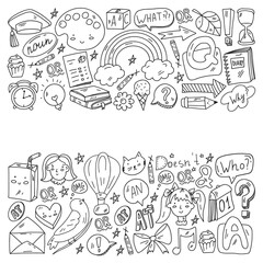 Back to school. Vector illustration with icons about education. English learning. Online internet courses.