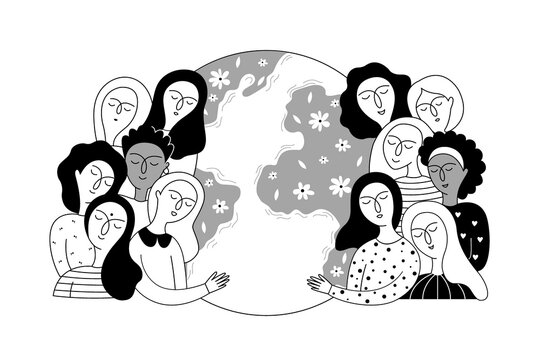 Earth day! Save our planer. A group of women stands around the earth and hugs her. Vector illustration for banner, card, poster. 