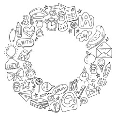 Back to school. Vector illustration with icons about education. English learning. Online internet courses.