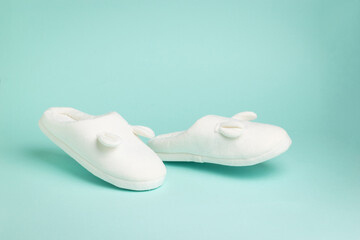 Stylish white house slippers on a two-tone background.