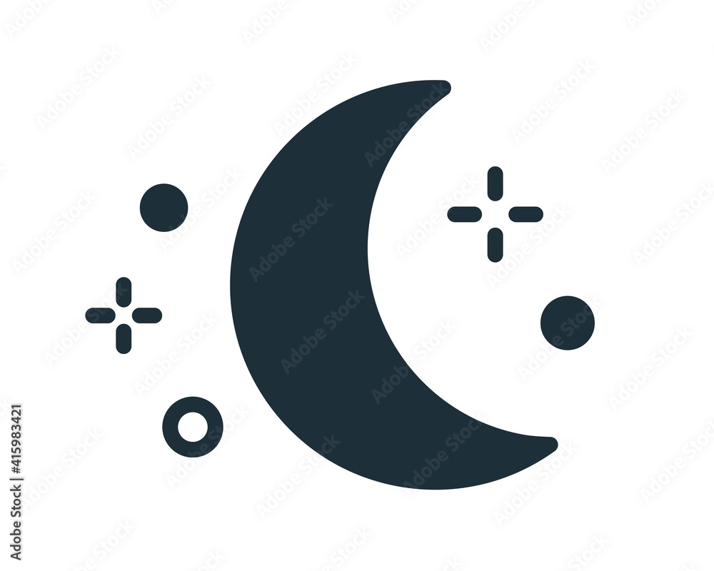 Poster simple weather icon with half moon or waning crescent with stars in clear sky. symbol of night time 